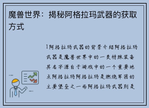 魔兽世界：揭秘阿格拉玛武器的获取方式